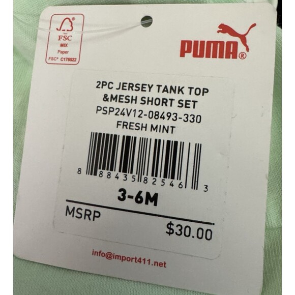 Puma 2-Piece Set Baby Girls 3-6 Months Tank Top & Short Fresh Mint Green New - Picture 3 of 3